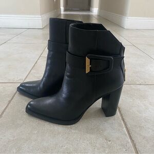 Vince Camuto Black Leather Heeled Boots with Gold Accent